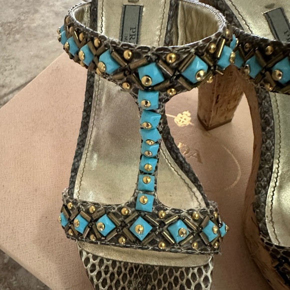 Prada Platform Slides 6 1/2  Heels Bronze Metallic Cork Turquoise Stud - Picture 7 of 7